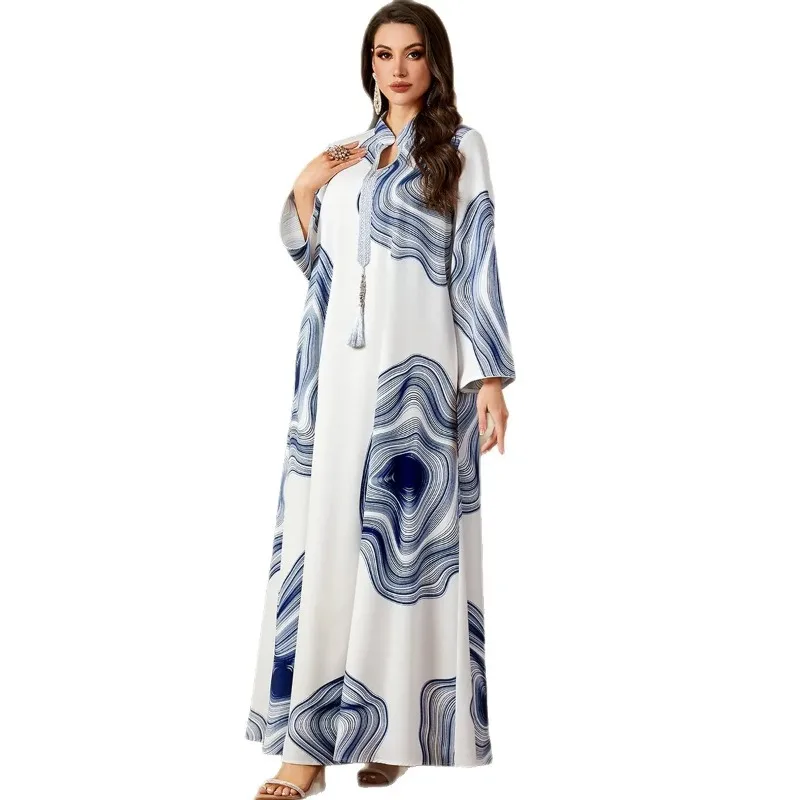 

Muslim Dress Women Summer Elegant Muslim Women Long Sleeve V-neck Polyester Long Maxi Dress Abaya Dubai Kaftan Outfits