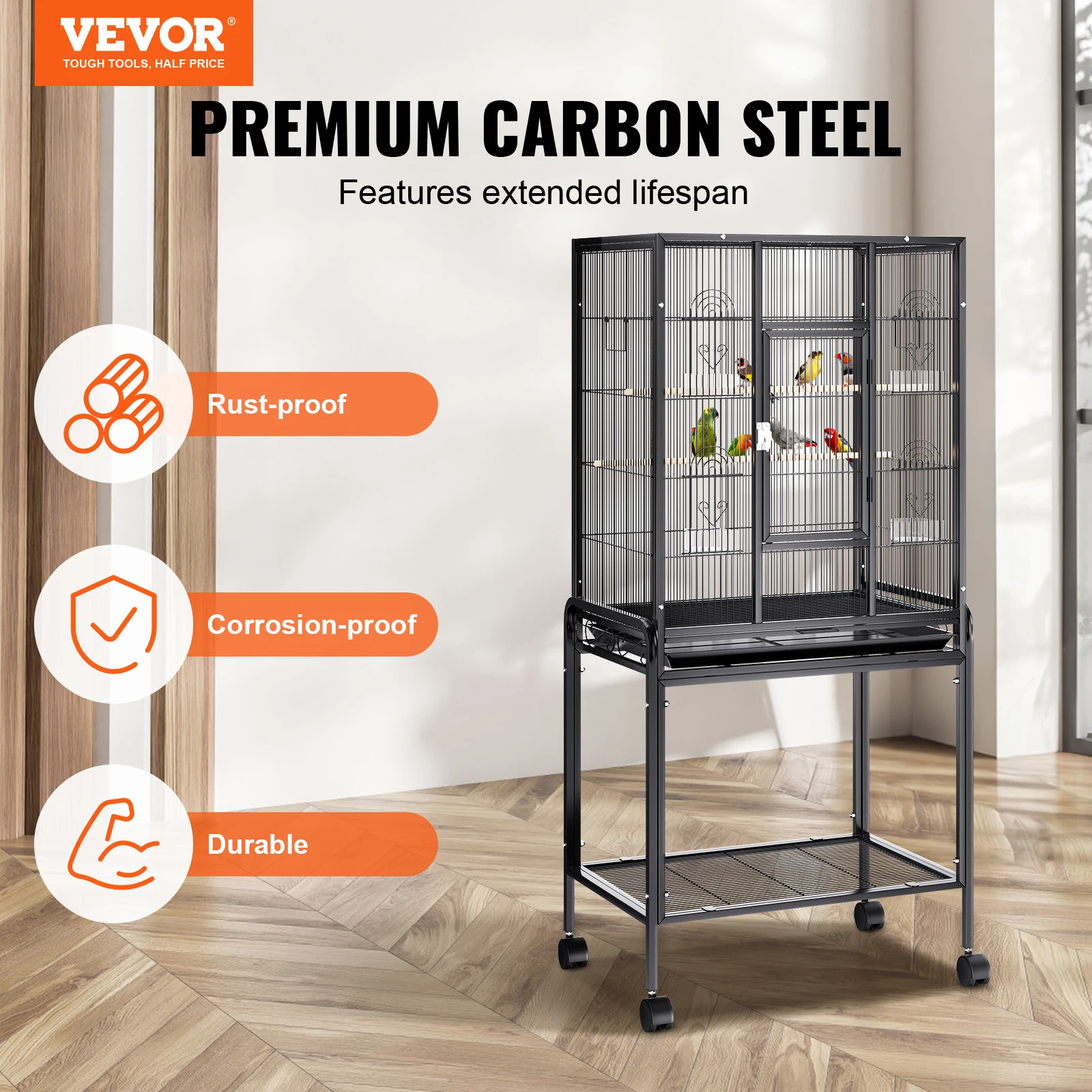 VEVOR 52/54inch Standing Large Bird Cage, Wrought Iron Flight Bird Cage for Cockatiels ,Parrots, Macaw w/Rolling Stand and Tray