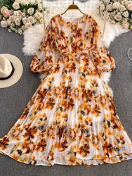 Spring Autumn Women Floral Draped Long Dress Vintage O-Neck Puff Sleeve High Waist Pleated Maxi Robe Elegant Party Vestidos New