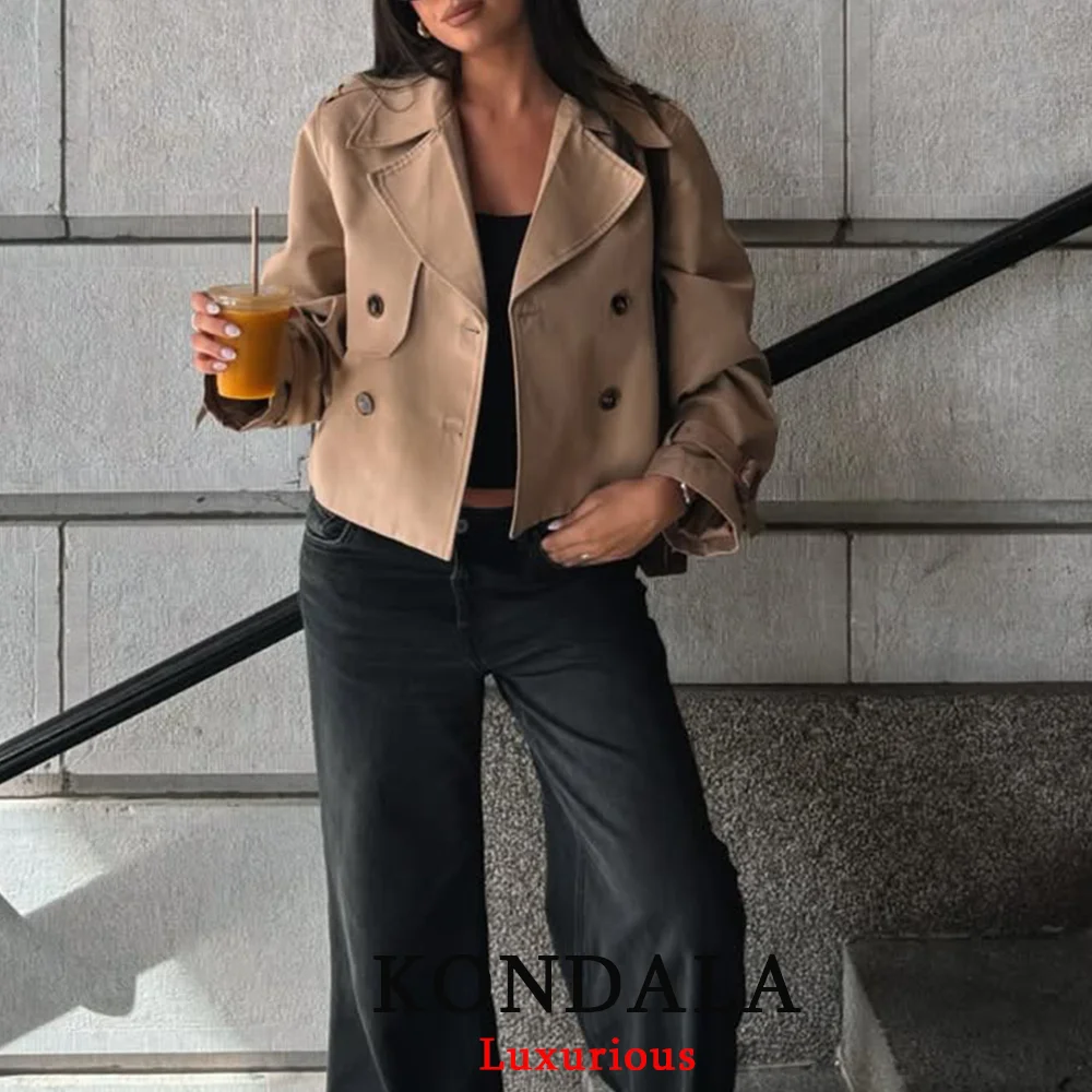 KONDALA سترات نسائية أنيقة غير رسمية عتيقة الصلبة مزدوجة الصدر بدوره إلى أسفل طوق كم طويل معطف قصير موضة 2025 معطف الخريف #1