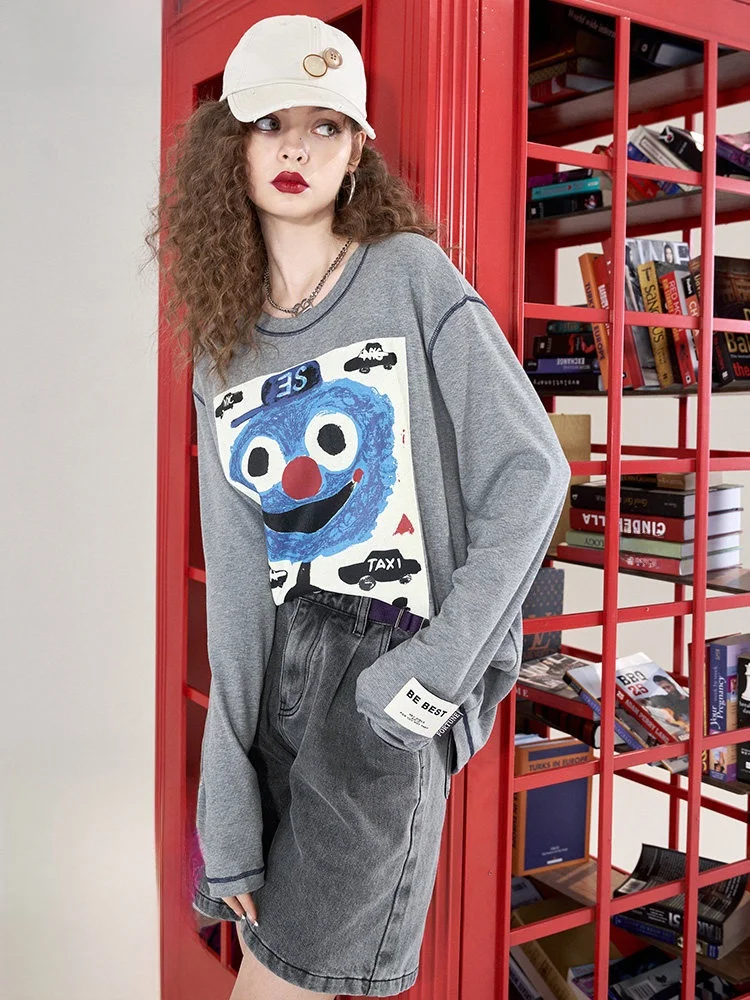 Casual Long Sleeve T-Shirt Women's Early Spring Inner Match Color Contrast Stitching Loose Slimming Top Trendy Print Design