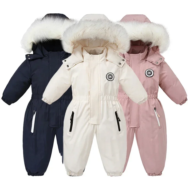 

-30 Degree Winter Baby Ski Suit Plus Velvet Baby Jumpsuit Boys Overalls Warm Kids Clothes Waterproof Children Clothing Set 1-4Y