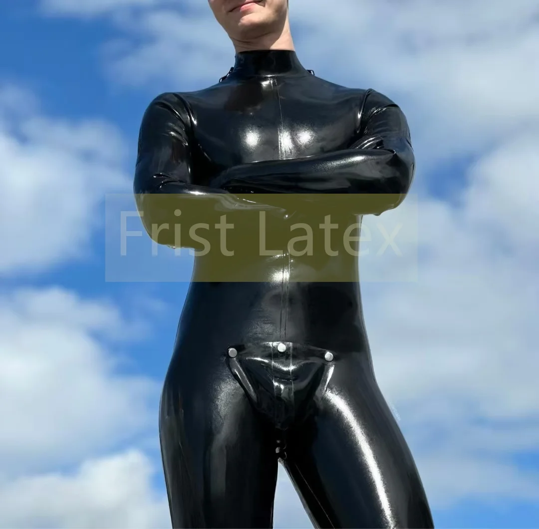 

Handmade Latex Men's Double Shoulder Zip With Crotch Codpiece Catsuit Halloween Cosplay Latex Male Overalls Bodysuit