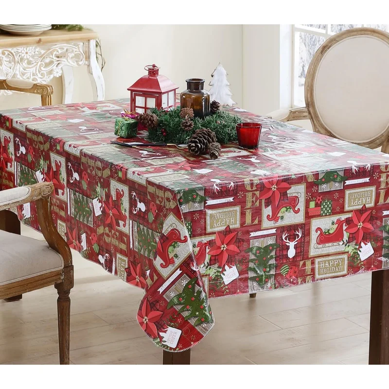 Christmas Sleigh Bells Ring Country Tablecloth, Moose Antlers, Sleighs and Festive Xmas Wipe Clean Tablecloth