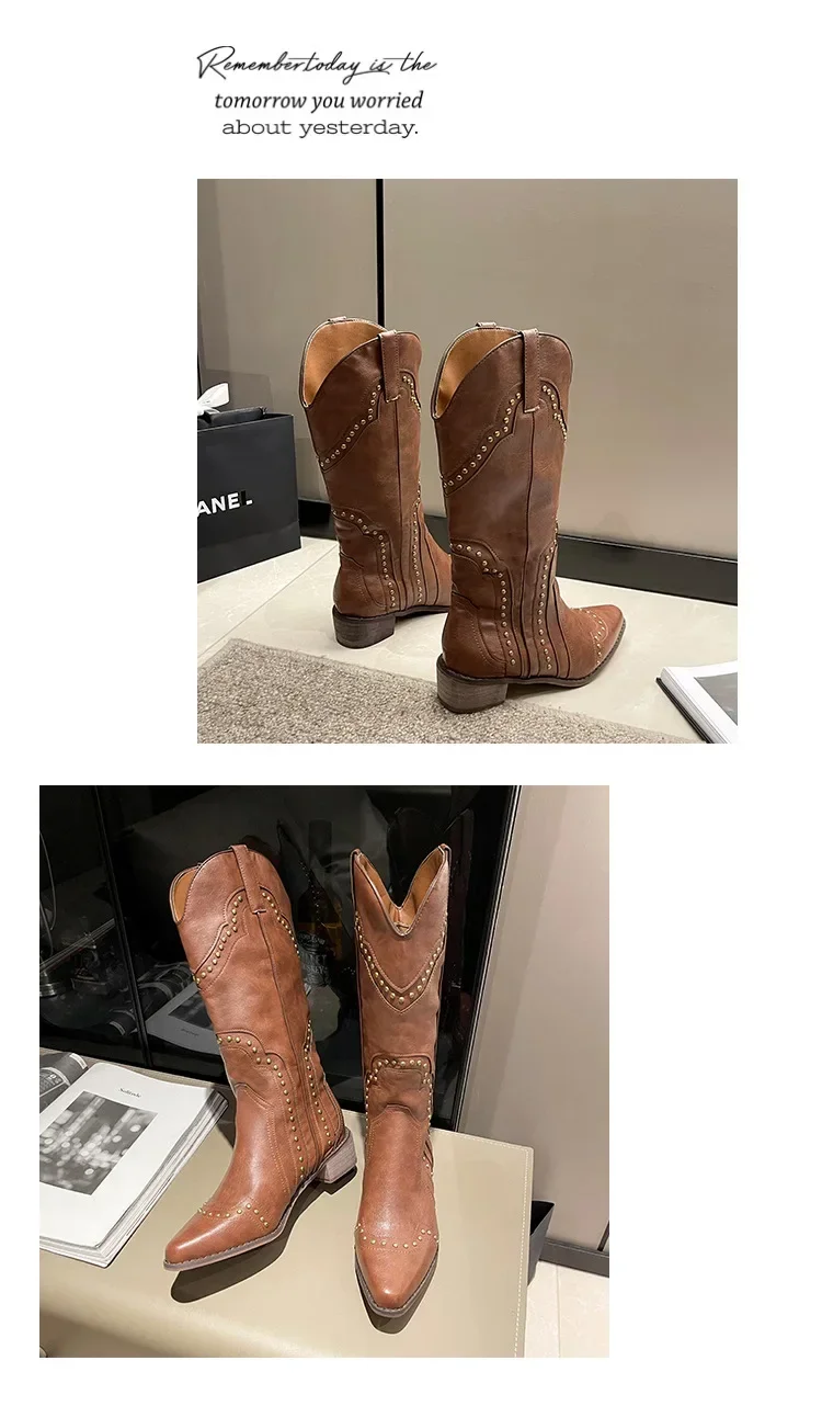 Retro Nieten-Cowboystiefel für Damen 2024 Herbst Klobige Absätze Western-Stiefel Slip-on Spitze Cowgirl-Stiefel – Detail 14