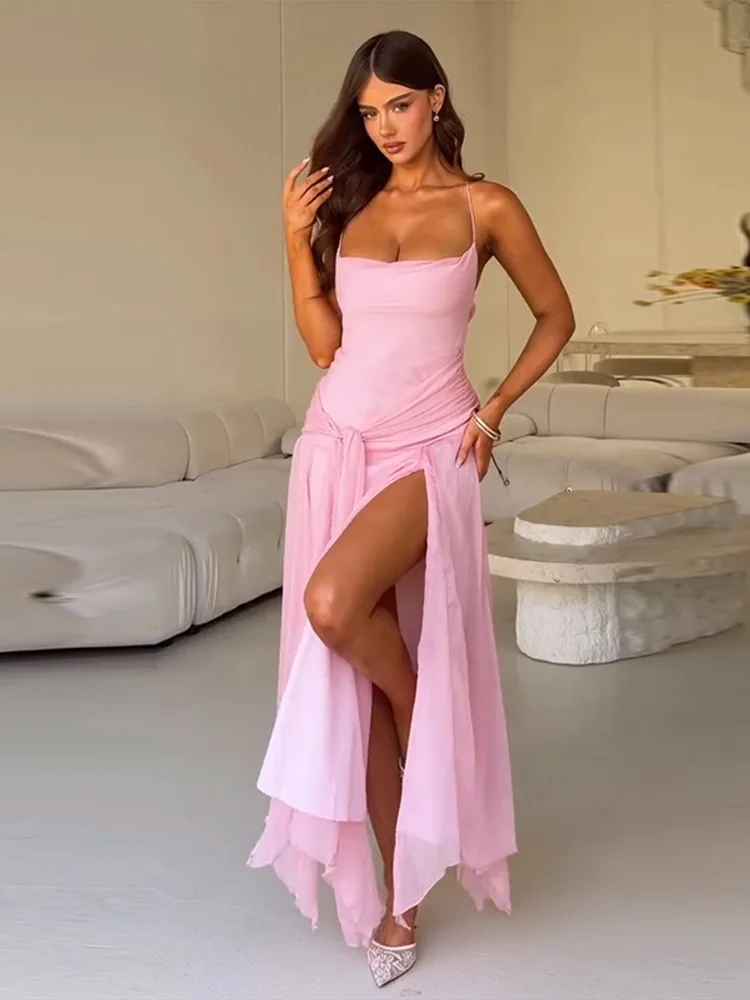 Asymmetrisches Langes Schnürkleid für Damen Sexy Spaghetti-Träger Ärmellos Rückenfrei Hoher Schlitz Schlankes Party-Abendkleid Neues Vestido – Detail 8