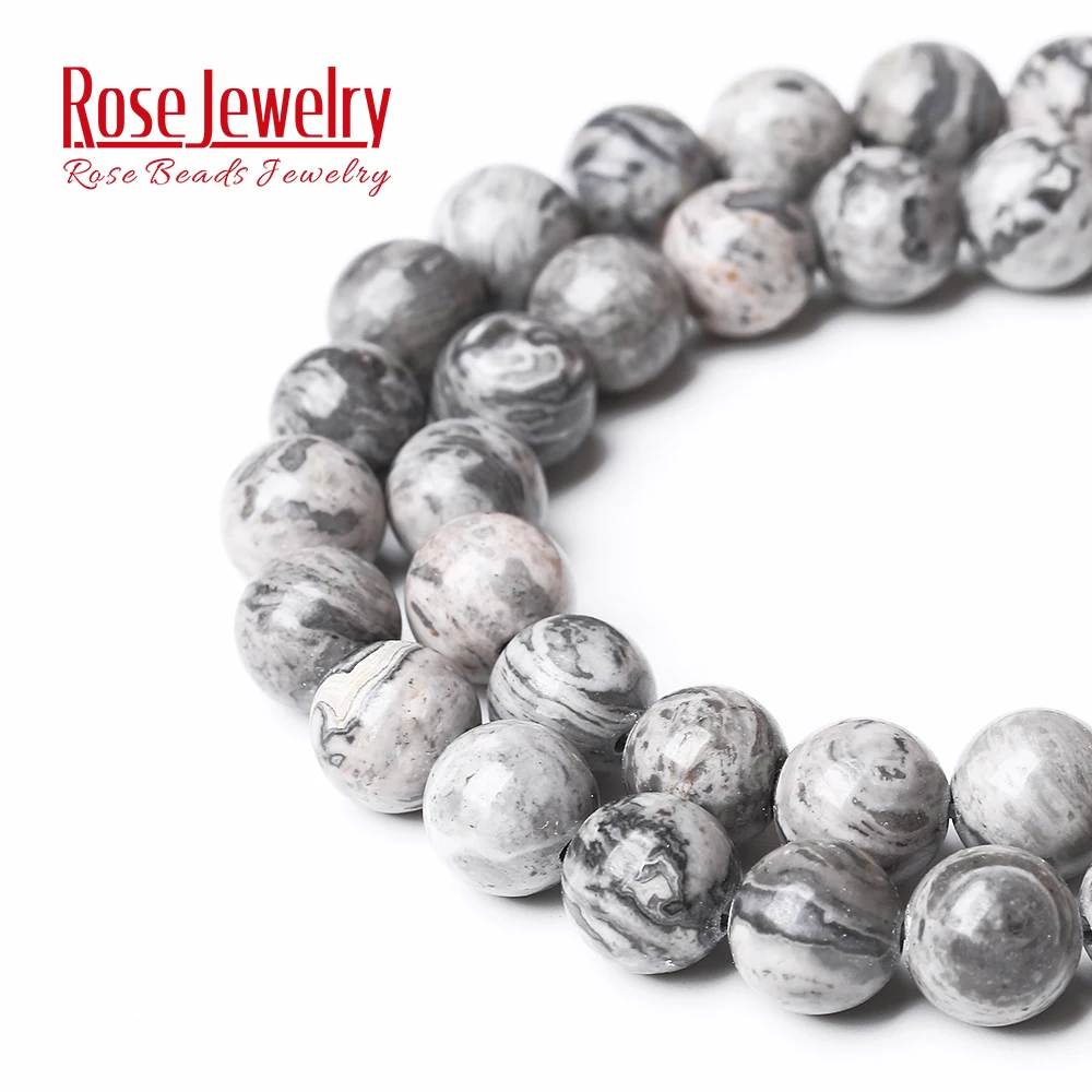 Factory Price Natural Stone Gray Picasso Map Jaspers Round Beads 16\