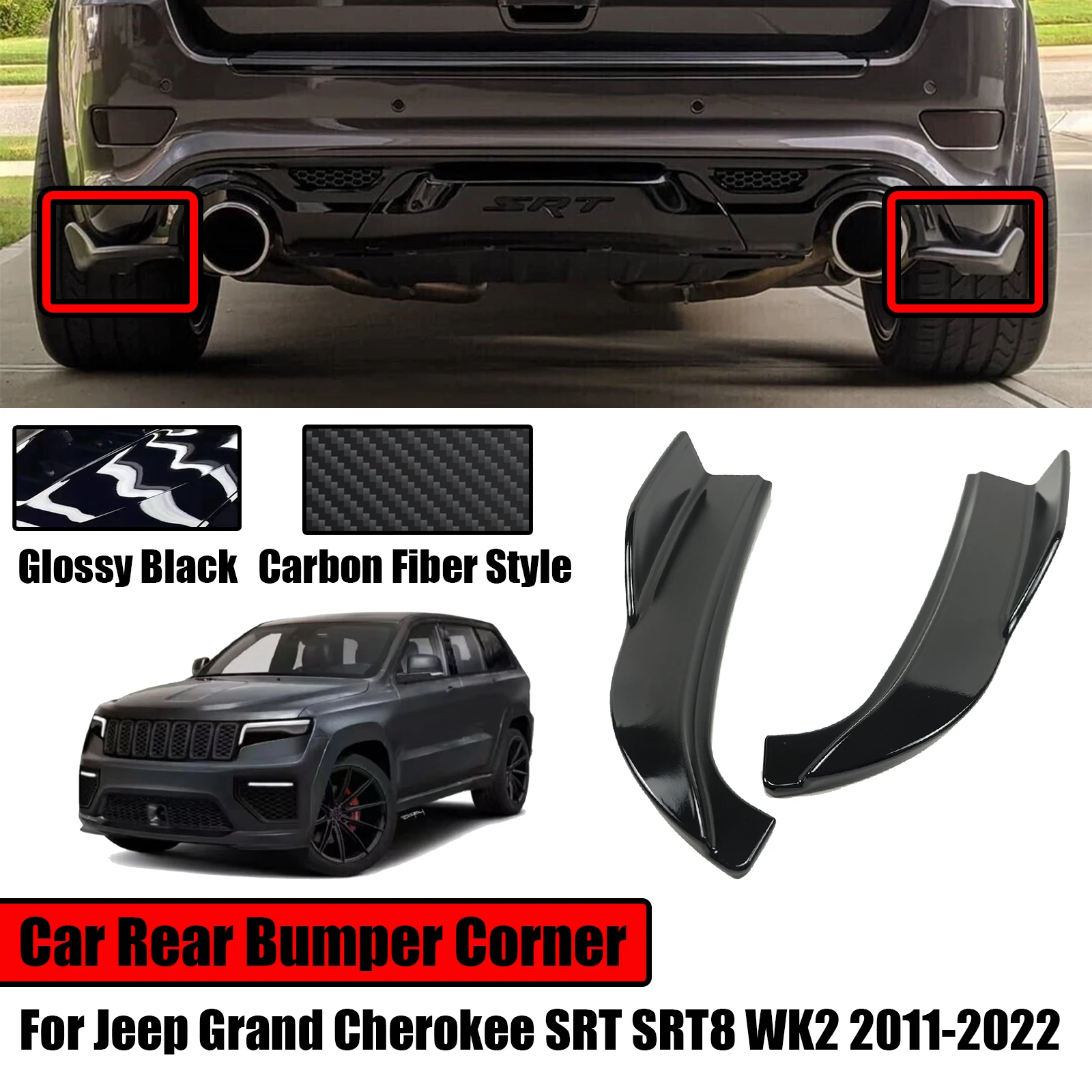 2PCS For Jeep Grand Cherokee 2011-2022 SRT SRT8 WK2 Glossy Black Car Rear Bumper Side Corner Splitters Aprons Spolier Diffuser