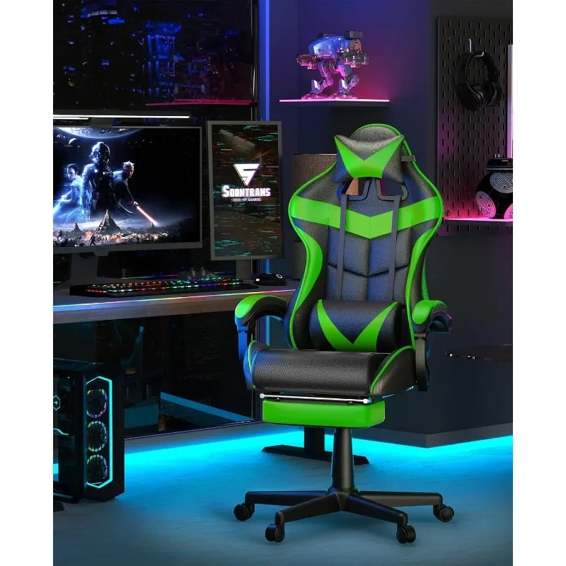Soontrans Green Gaming Chair with Footrest,Racing Gaming Chair,Computer Gamer Chair,Ergonomic Game Chair