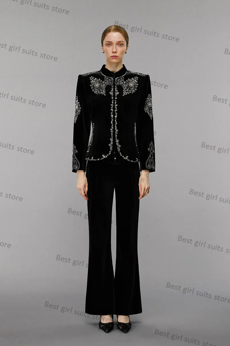 

Luxury Beaded Women Suit Pants Set Black Blazer+Trousers 2 Pieces Formal Office Lady Jacket Coat Wedding Tuxedo Custom Made