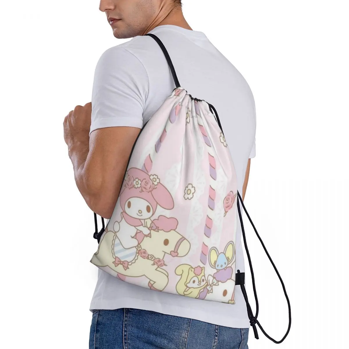 Bolsa con cordón, almacenamiento, bolsos portátiles, My Melody, compras de comestibles, bolsos de hombro, bolsa de viaje plegable