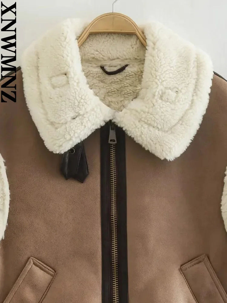 XNWMNZ 2022 Women Fashion Thick Warm Faux Fur Loose Waistcoat Vintage Sleeveless Front Zipper Female Outerwear Chic Vest Tops