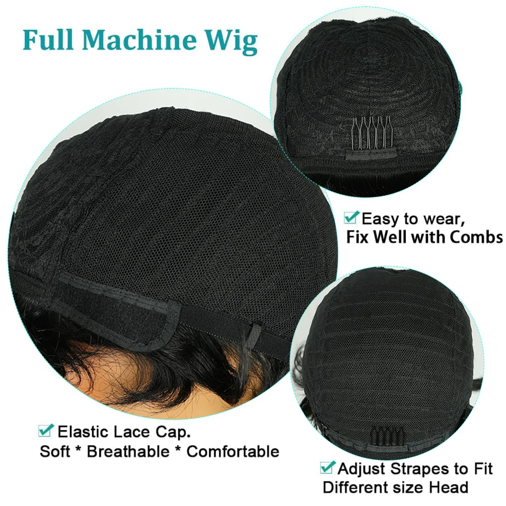 Peruca Curta de 8 Polegadas com Corte Pixie e Franja para Homens, Peruca de Cabelo Humano Liso com Rabo de Lobo, Fabricada à Máquina Bazilian Hari