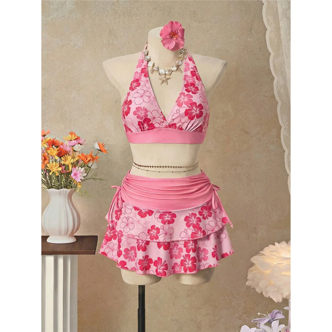 S - XL Mit Rock, Polka-Dot-Blumen-Bikini, Damen-Badebekleidung, dreiteiliges Bikini-Set, Badeanzug, Badebekleidung, Schwimmbekleidung V8518 – Detail 5