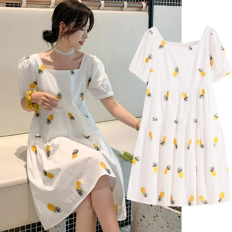 

Women's Summer Pineapple Dress New Puff Sleeve Loose Casual Dresses Cottagecore Square Collare Dresses Fruit Elegant Streetwear