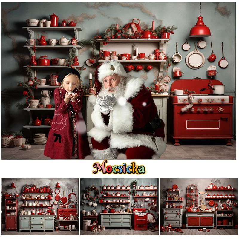 

Indoor Christmas Kitchen Backdrop For Kids Family Portraits Photography Vintage Wall Wooden Plank Decor Studio Photo Background