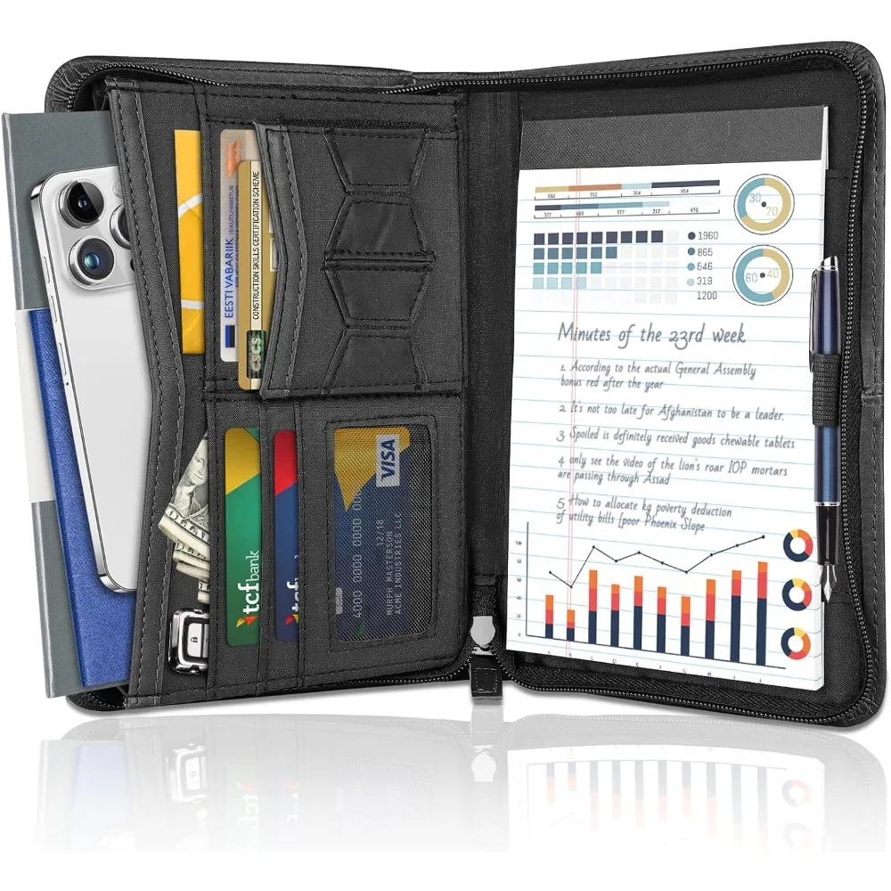 

Zippered Portfolio Binder for Men & Women, Resume Portfolio Folder with 5.3" x 8 "Notepad, 9.6" x 7" Faux Leather Portfolio for