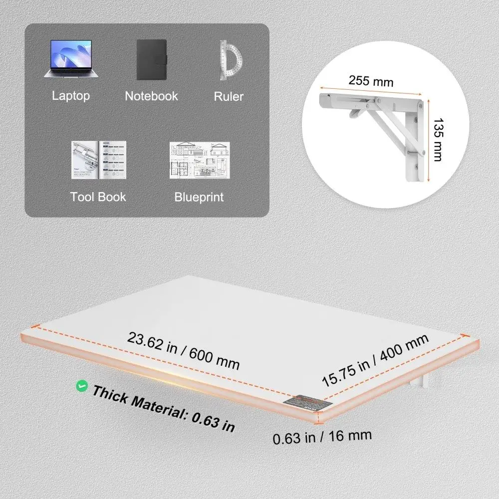 Mesa plegable montada en la pared, escritorio de hoja abatible de 23,6 pulgadas con soporte de hierro, mesa flotante que ahorra espacio para el hogar, la cocina,