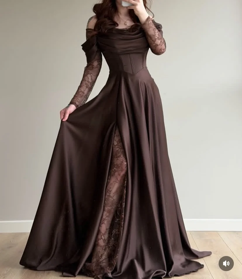 Elegant Scoop Neckline Prom Dresses Pleated Evening Dress Cocktail Dress Formal Wedding Party Dress Long Sleeves Customized