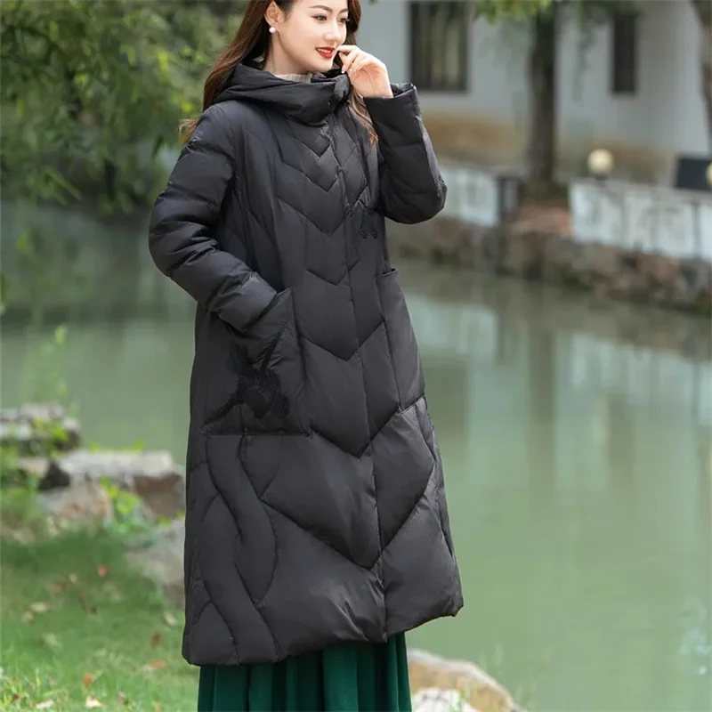Damska kurtka puchowa z bawełny, modna, z kapturem, w stylu chińskim, elegancka parka zimowa, odzież wierzchnia dla kobiet.