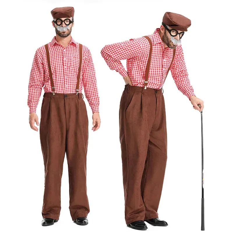 Sky01 Umorden الكبار الرجال الجد الرجل العجوز زي مجموعة بسيطة بنطلون مع الحمالات أحمر أسود منقوشة قميص قبعة الشارب GlSd01$