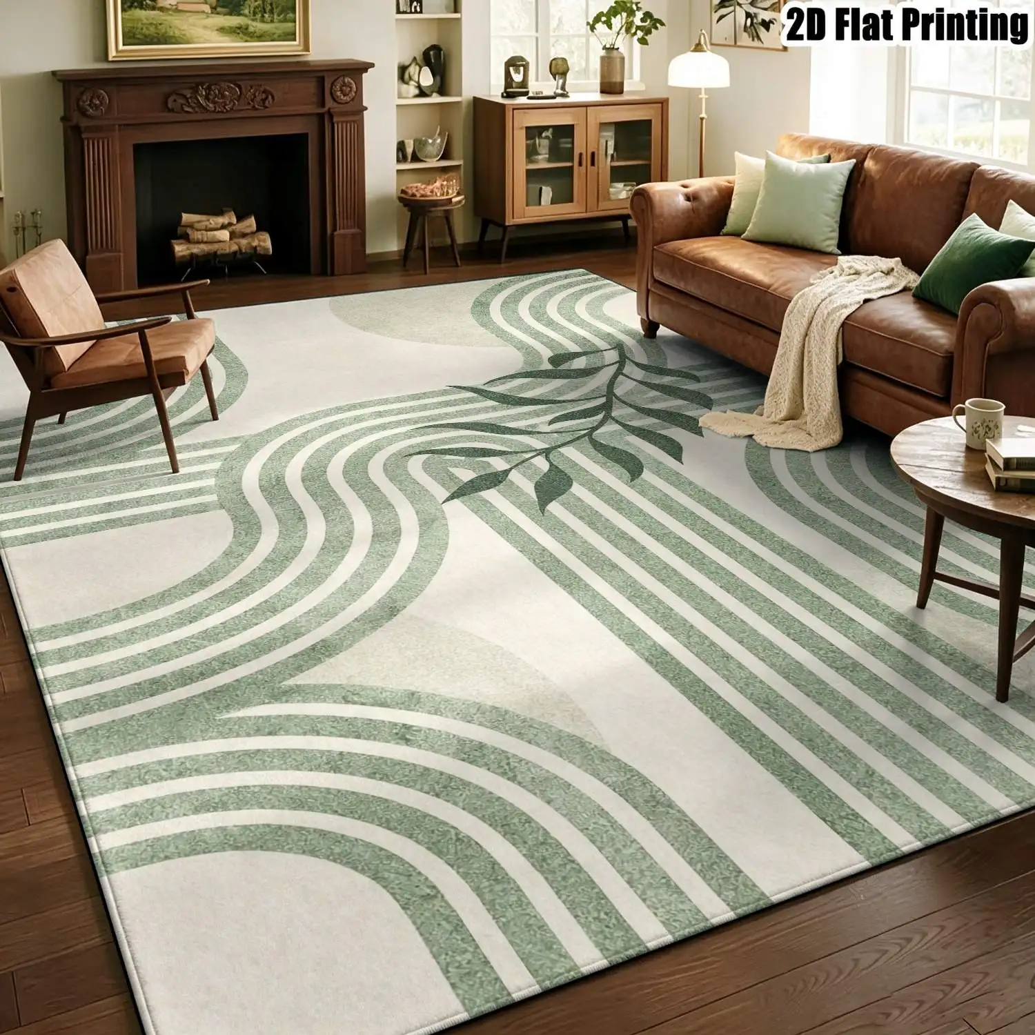 1Pc 2D Printed Carpet: Fresh Green & White Geometric Leaf/Branch Patterns Nordic Modern Minimalist Style, Machine Washable, Multi-Size, Ideal for Entryway, Dining, Bedroom, Living Room as a Floor Mat/Decoration.