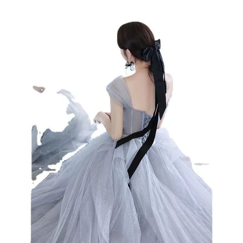 Customized Strapless Mesh Tiered Design Fairy Wedding Party Dress Slim Waist Slash Collar Back Lace Up Prom Robe 2024 Summer Eve