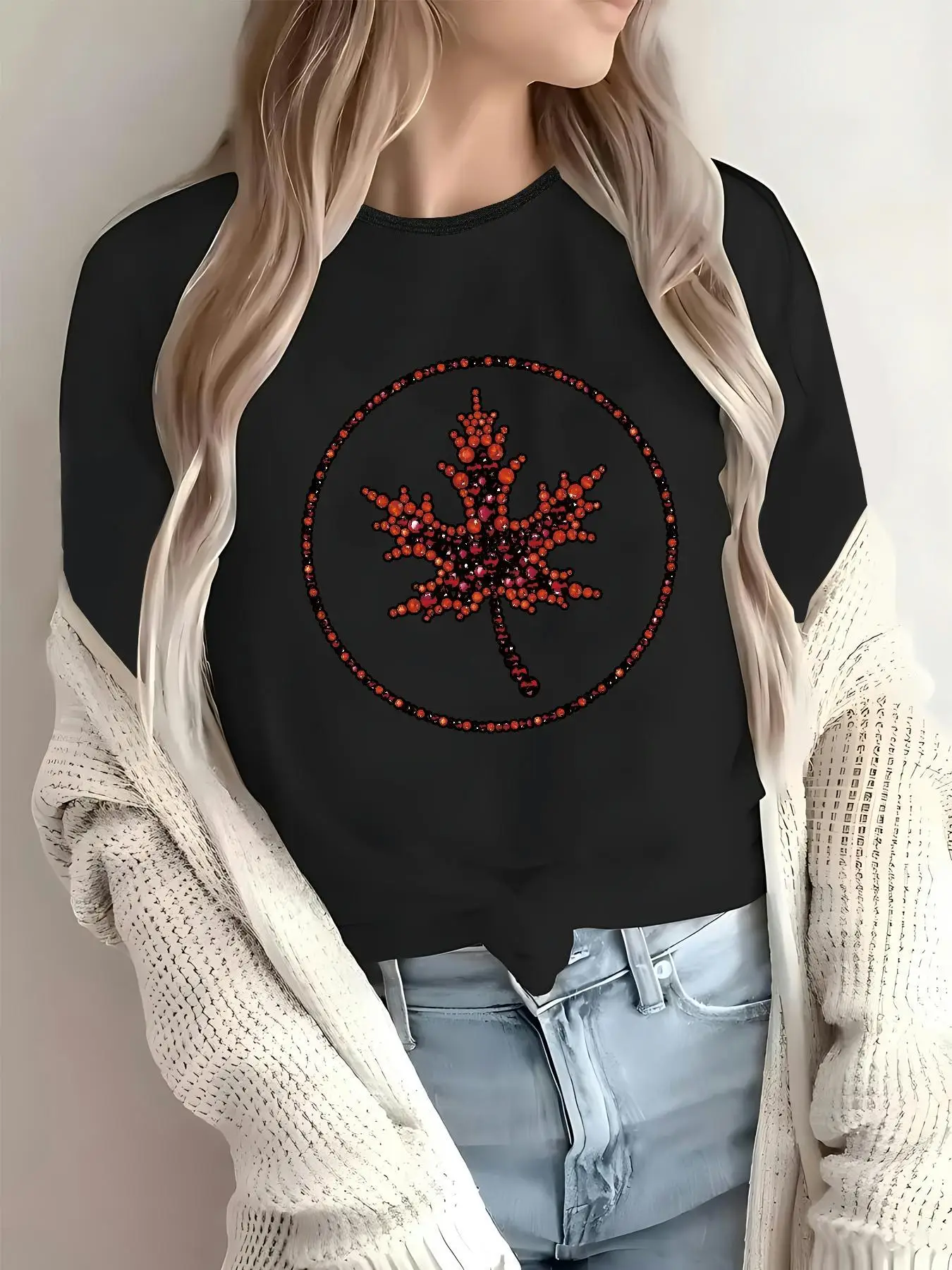 White Maple Leaf Print Long Sleeve T-Shirt Relaxed Fit Top with Red & Black Leaf Design Y2k Ladies Clothes Female Clothing Tops