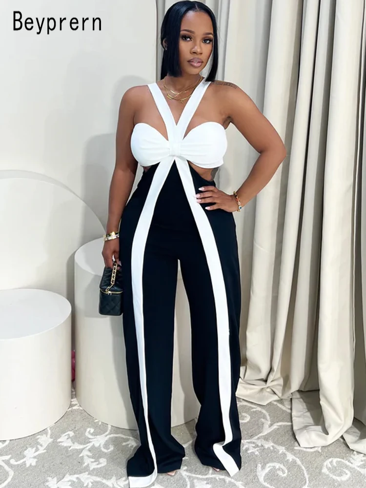 Beyprern Perfect Contrast Color Bow Tie Cinghie Tute Abiti di compleanno Glam Pagliaccetto aderente con cut-out da donna Salopette da notte