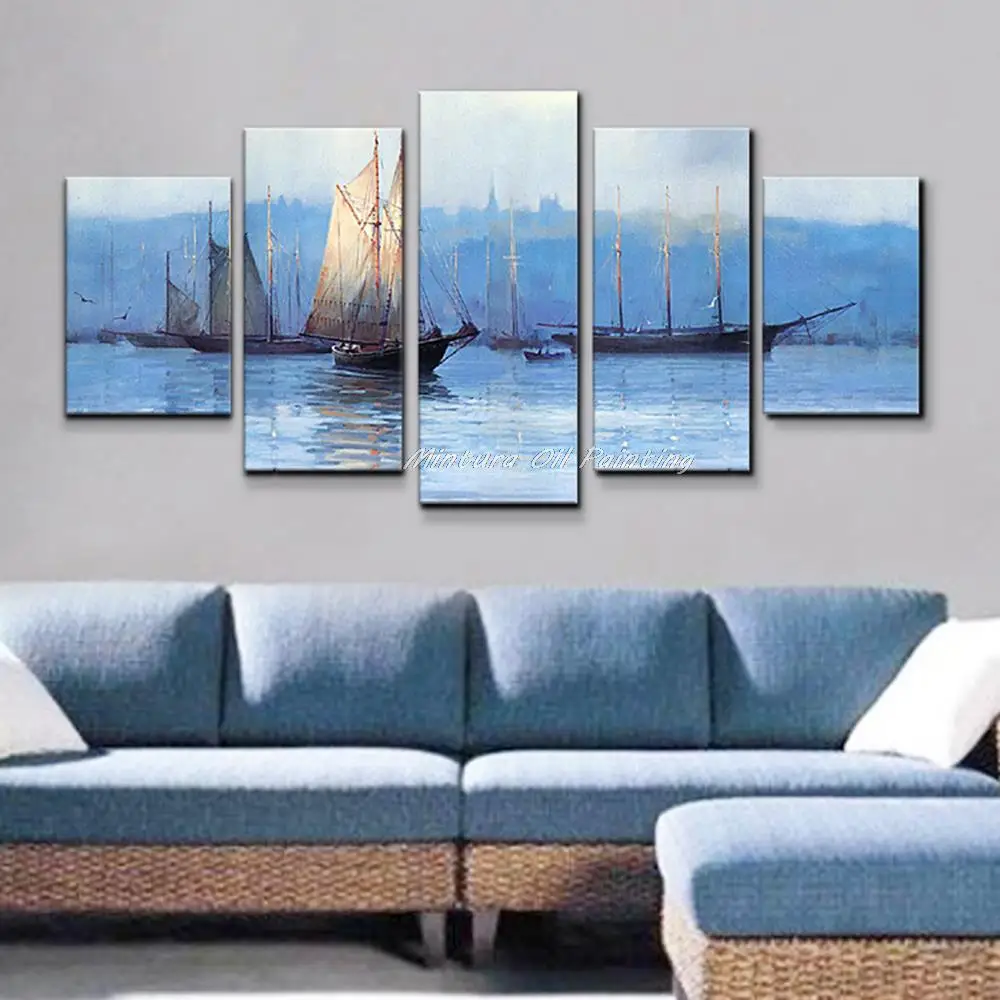 

Mintura 5 PCS Modern Wall Art,Picture Hand-Painted Blue Ocean White Sailing Boat Oil Painting On Canvas,For Room,Home Decoration