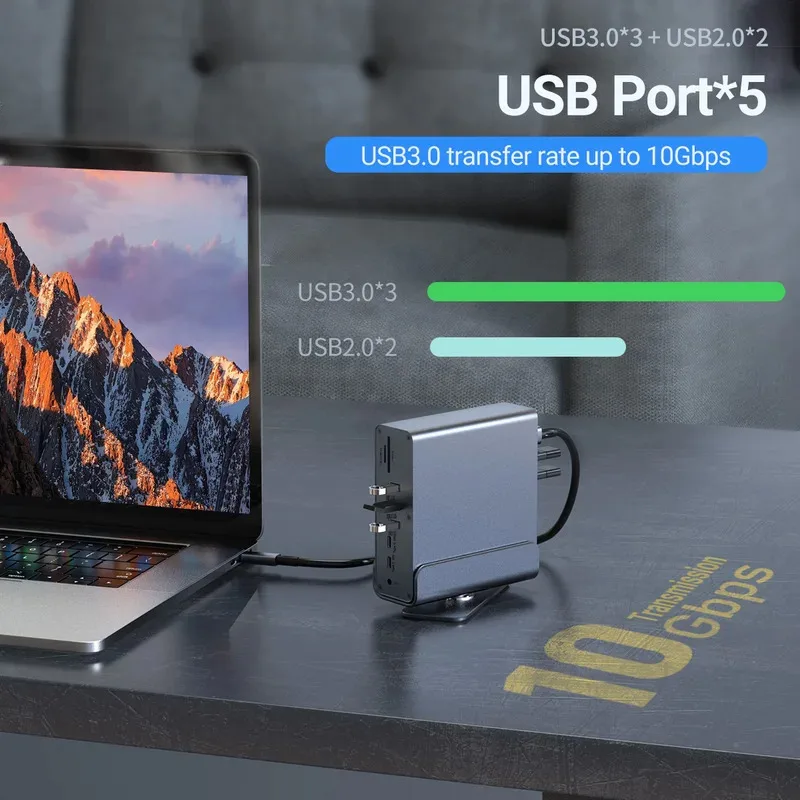 Док-станция 15 в 1 USB-C Вертикальный концентратор 4K HD с тройным монитором, RJ45 1000M, USB 3.0/2.0, PD 3.0, SD/TF, Audio 3.5 для Mac Pro