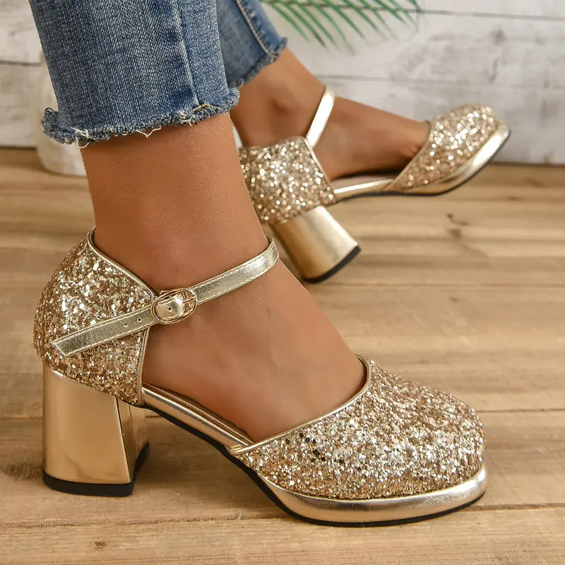 Golden Silver Glitter Bling Shiny Ladies Party Wedding Shoes Summer Mary Janes Square High Heels Big Size 46 47 48 Women Sandals