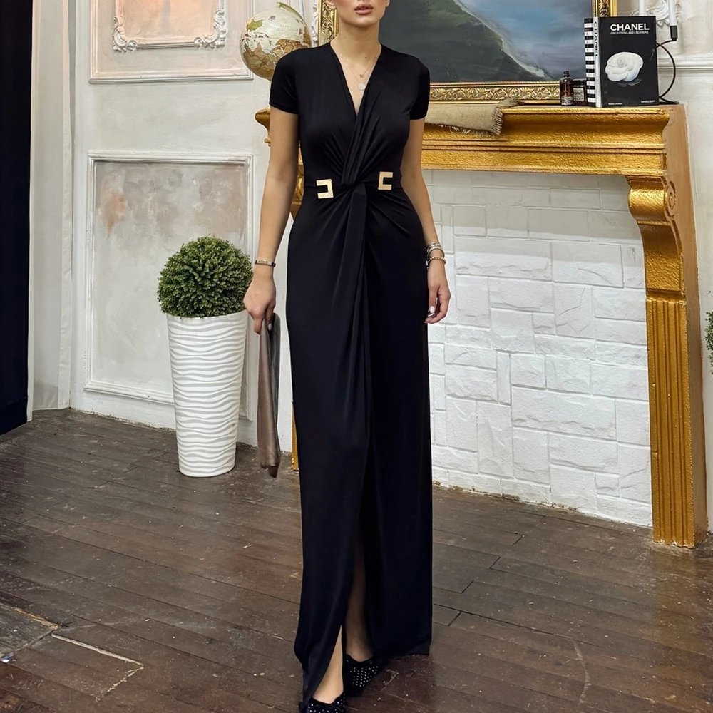 

CustomizedDubai Evening Caftan Dress Straight V Neck Jersey Short Sleeves Floor Length Black Fashion Dresses For Formal Occasion