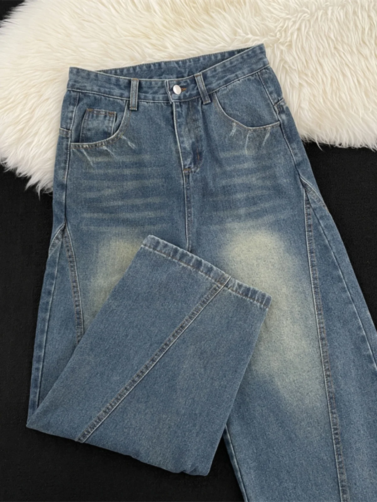 

Retro Washed Denim Jeans Men's High Street American Vibe Trendy Brand Patchwork Loose Wide Leg Pants Autumn Winter Casual