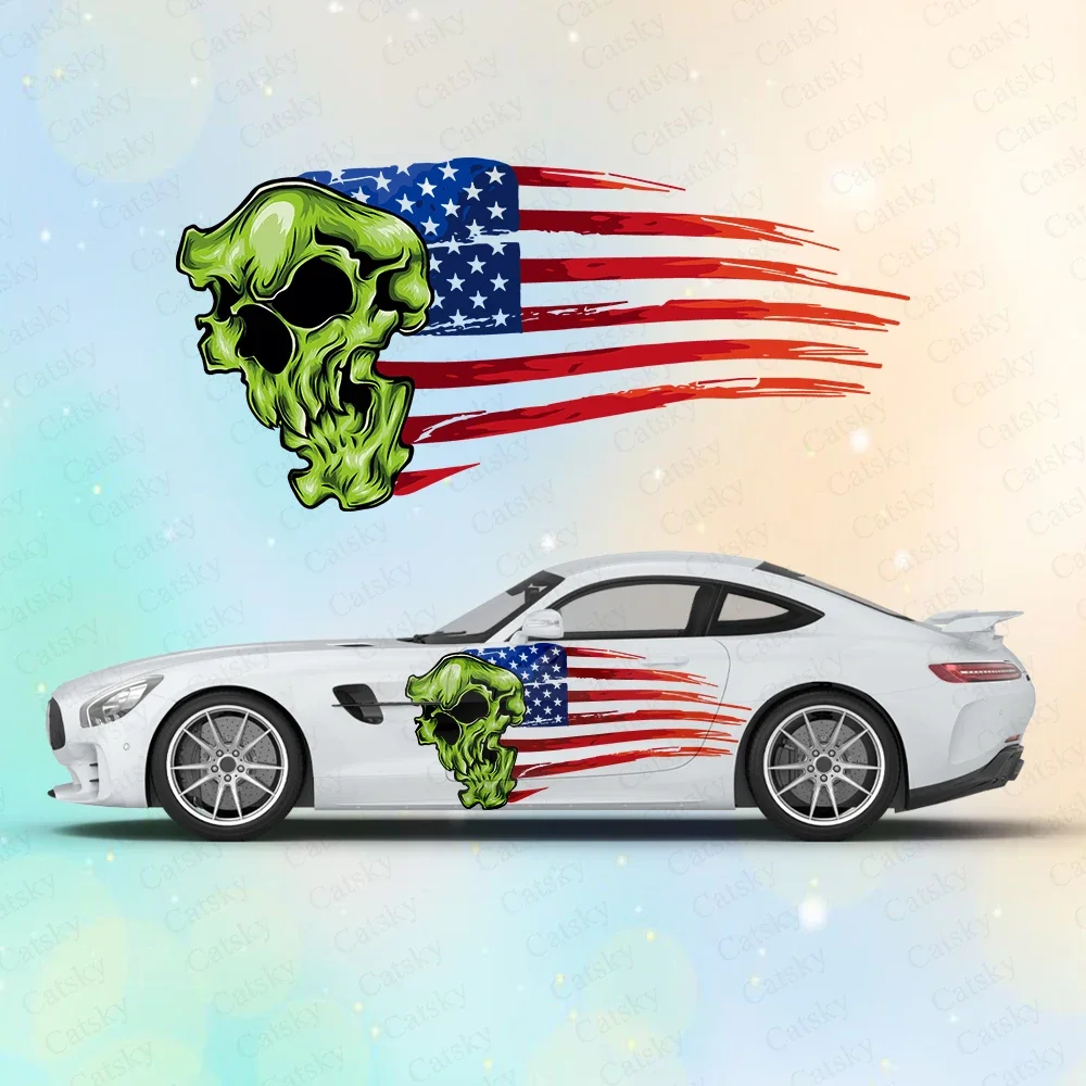 American Flag with Skull Large Car Stickers and Decals Car Body Stickers Car-Side Decals Waterproof Car Vinyl Stickers