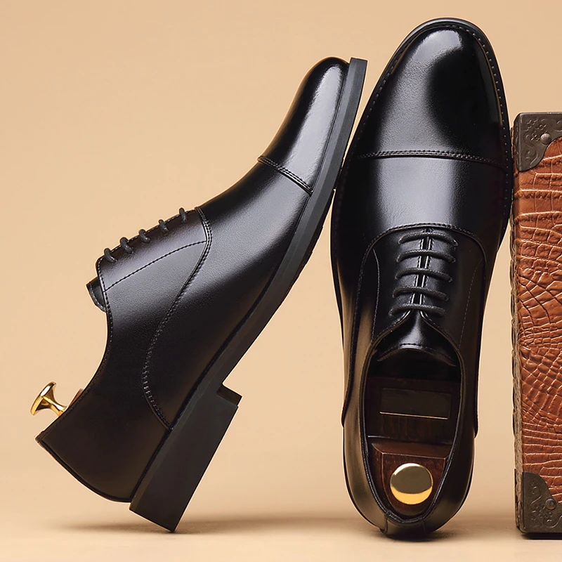 

Mens Black Genuine Leather Cap Toe Lace Up Formal Business Office Groom Wedding Daily Wear Dress Shoes British Style Fashion