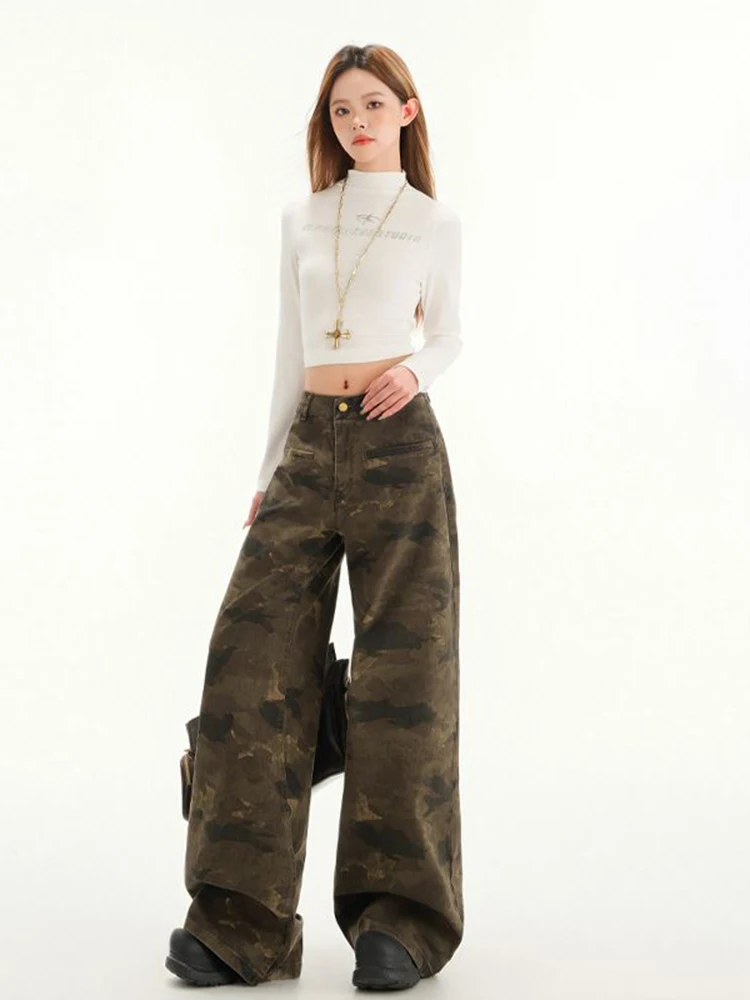 WCFCX STUDIO Women Y2K Camouflage Jeans Vintage High Waist Hip Hop Wide Leg Pants Female Streetwear Baggy Straight Denim Trouser