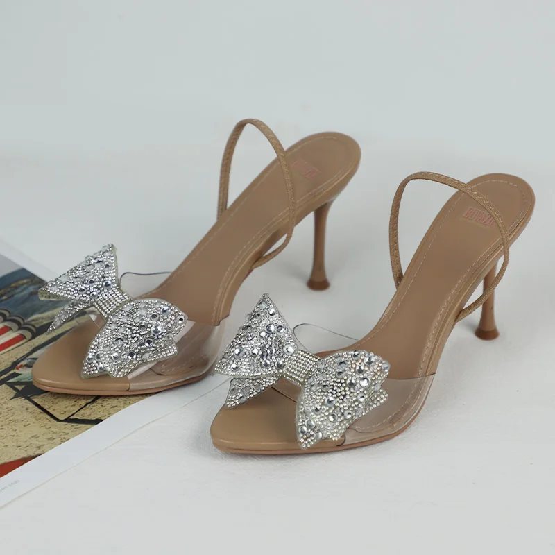 

New 2025 Summer Women Sandals Diamond Bow Decoration Transparent Open Toe Evening Party Wedding Ladies High Heels Woman Shoes