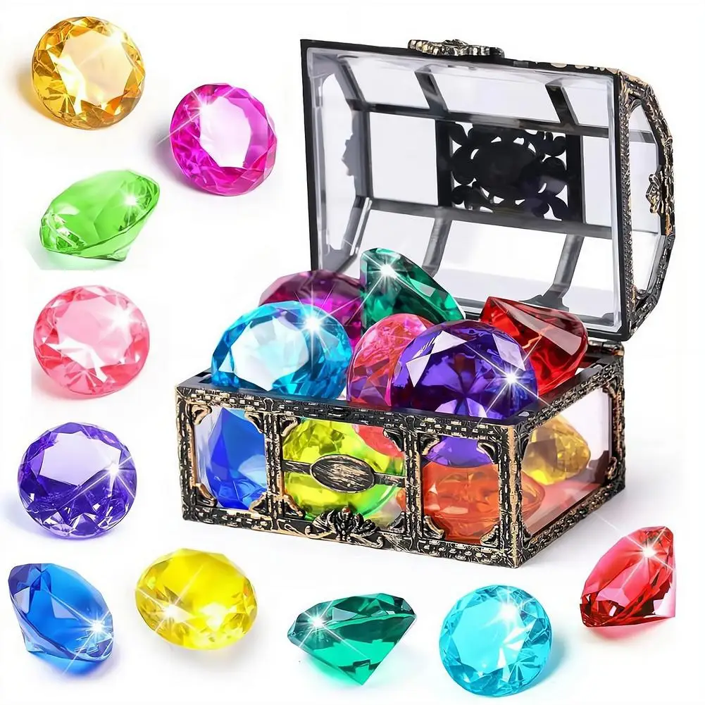 Vintage Treasure Chest Storage Box Transparent Pirate Candy Jewelry Display Box Kids Acrylic Colorful Diamond Gems Jewels Toy