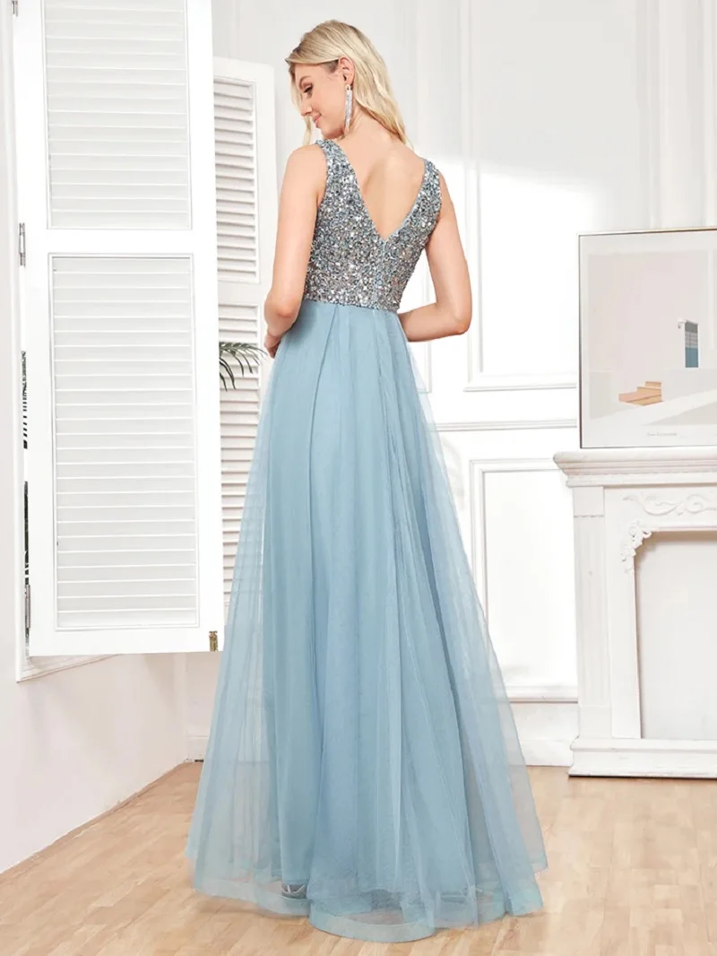 BLUE DRESS Store Elegant V-neck Chiffon Blue Evening Dress Women Formal Prom Party Gown 2023 Sequins Sleeveless GaladressVestido