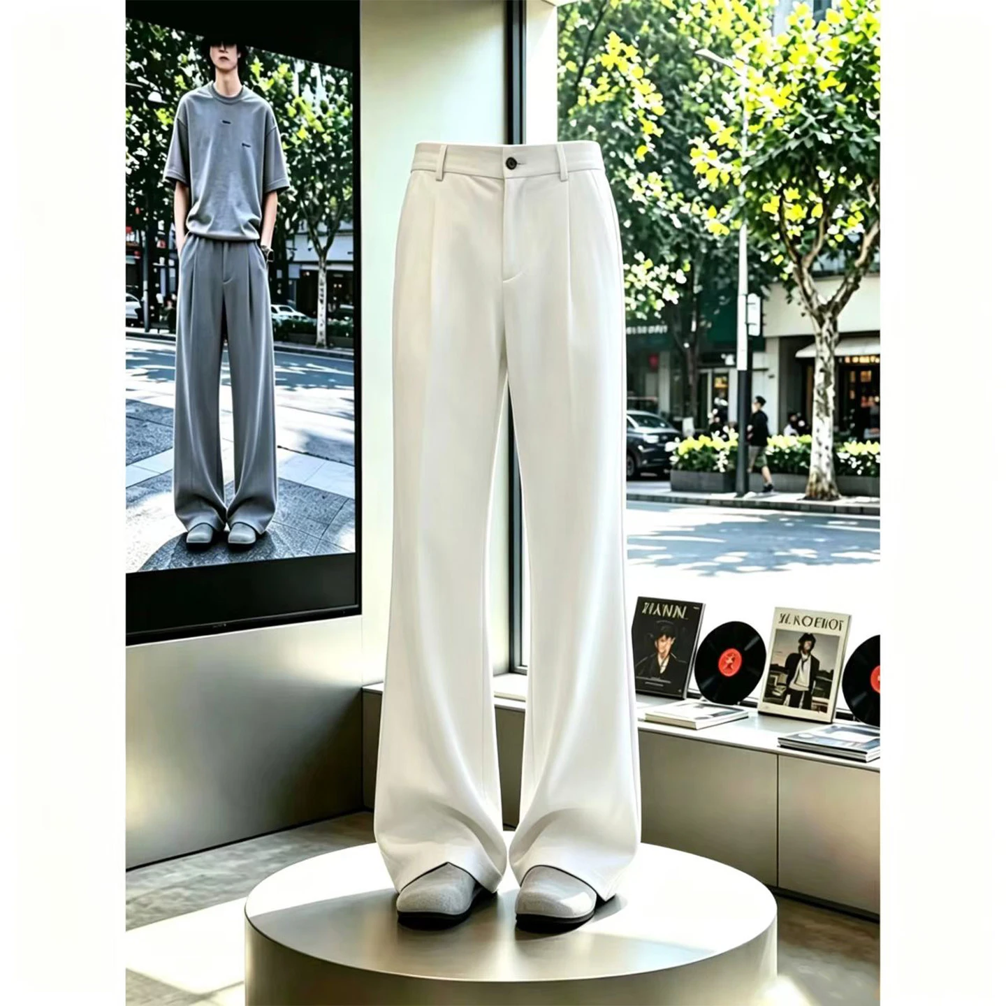 White Ice Silk Flared Casual Pants Men Summer Thin CleanFit Knife Straight Leisure Suit Pants Loose Fit mid Waist Button Pocket