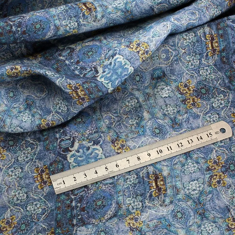 Stone Washed Linen Printing Crafts Fabric Chinese Cheongsam Retro Han Clothing Elegant Blue