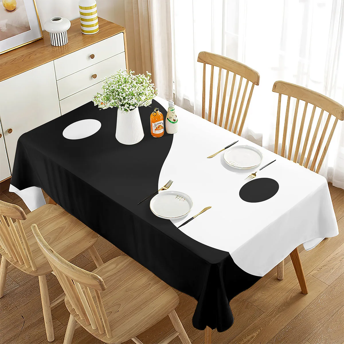 Yin Yang Pattern Tablecloth Rectangular Dining Table Black and White Table Cover Coffee Table Mat Kitchen Minimalist Decoration