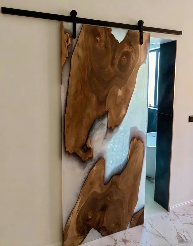 Handcrafted Sustainable Solid Wood Room Divider European Walnut & Pearl White Epoxy Sliding Barn Door