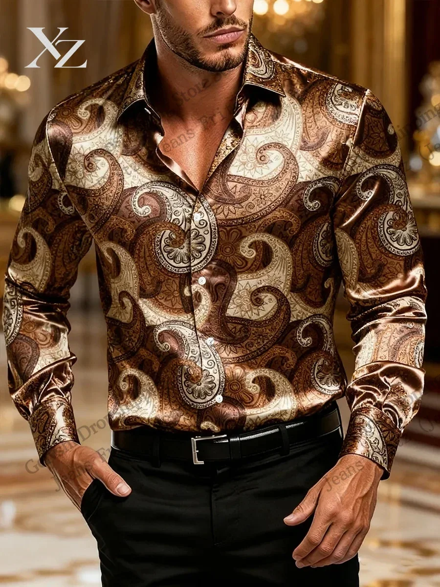 Men's Baroque Long Sleeve Lapel Shirt Luxury Paisley 3d Print Shirt Men Fashion Comfortable Single-breasted Blouse Mens Clothing