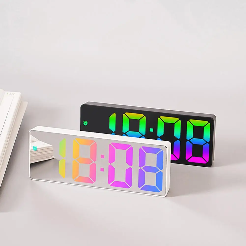 Led Mirror Digital Alarm Clock 12/24 Hours Adjustable Brightness Colorful Large Screen Desk Clocks Bedroom Desktop Decoration