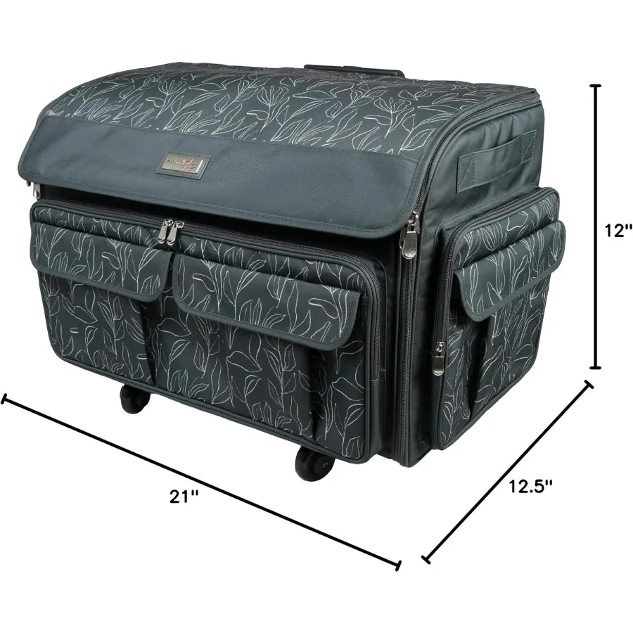 XXL Rolling Sewing Machine Case Grey Floral Craft Bag with 4 Wheels Ideal for Storing and Transporting Embroidery Machines from