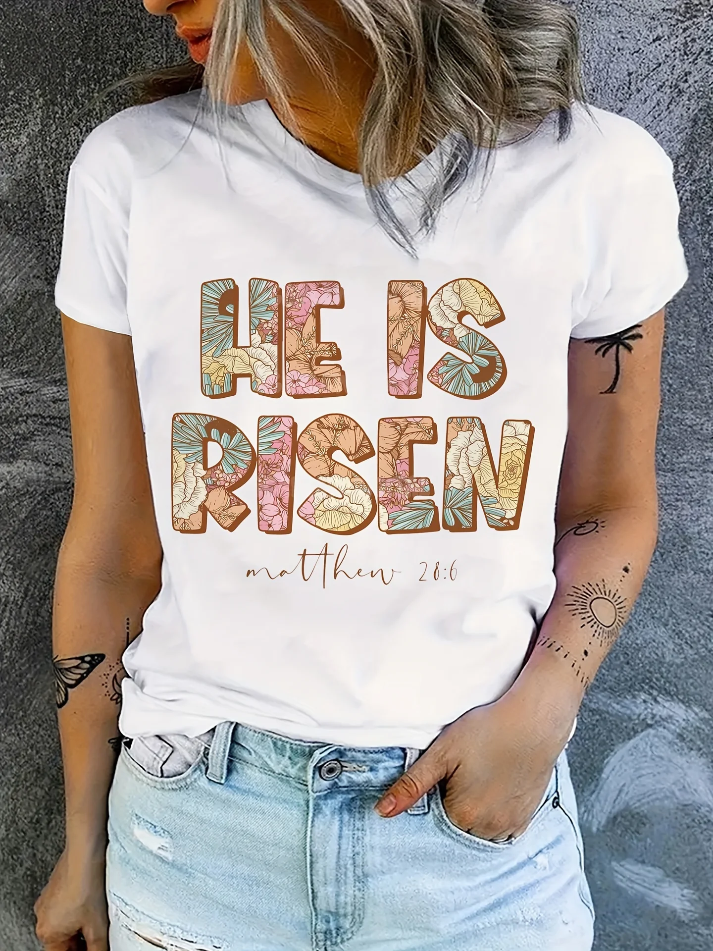 

He Is Risen Easter Day T-Shirt, Short Sleeve Crew Neck Casual Top For Spring & Summer, Women's Clothing