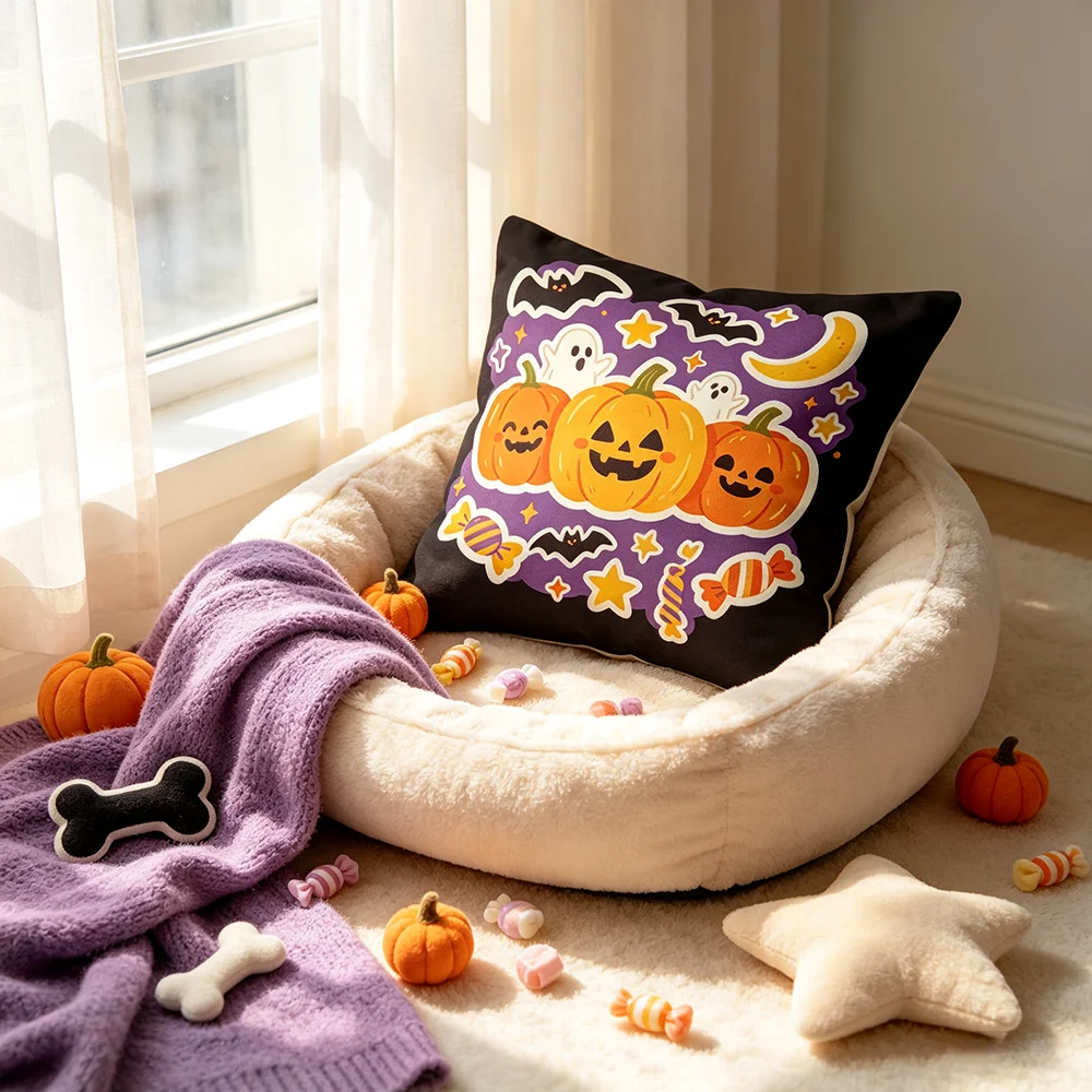1PC Digital Print Pillow Cover Cute Pumpkin Ghost Bat Moon Candy Halloween Cartoon Kids Sofa Couch Bedroom Home Decor Gift