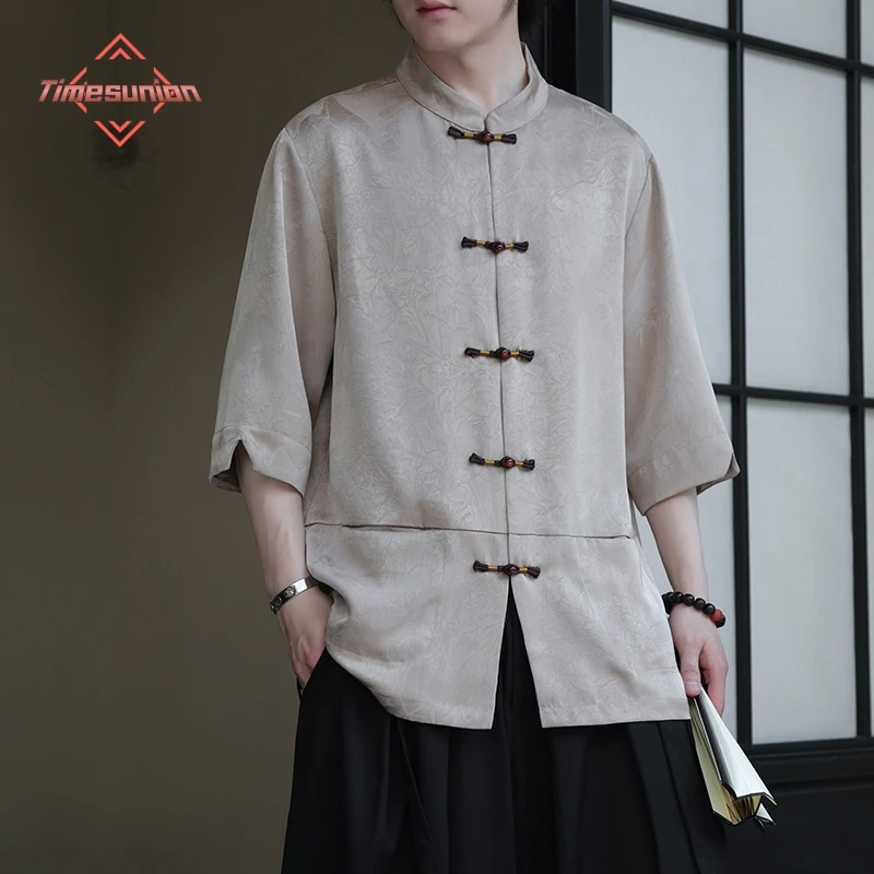 Summer Mens Chinese Shirts Satin Silk Vintage Coat Hanfu Blouse Traditional Chinese Clothing For Men Top Tang Collar Shirts